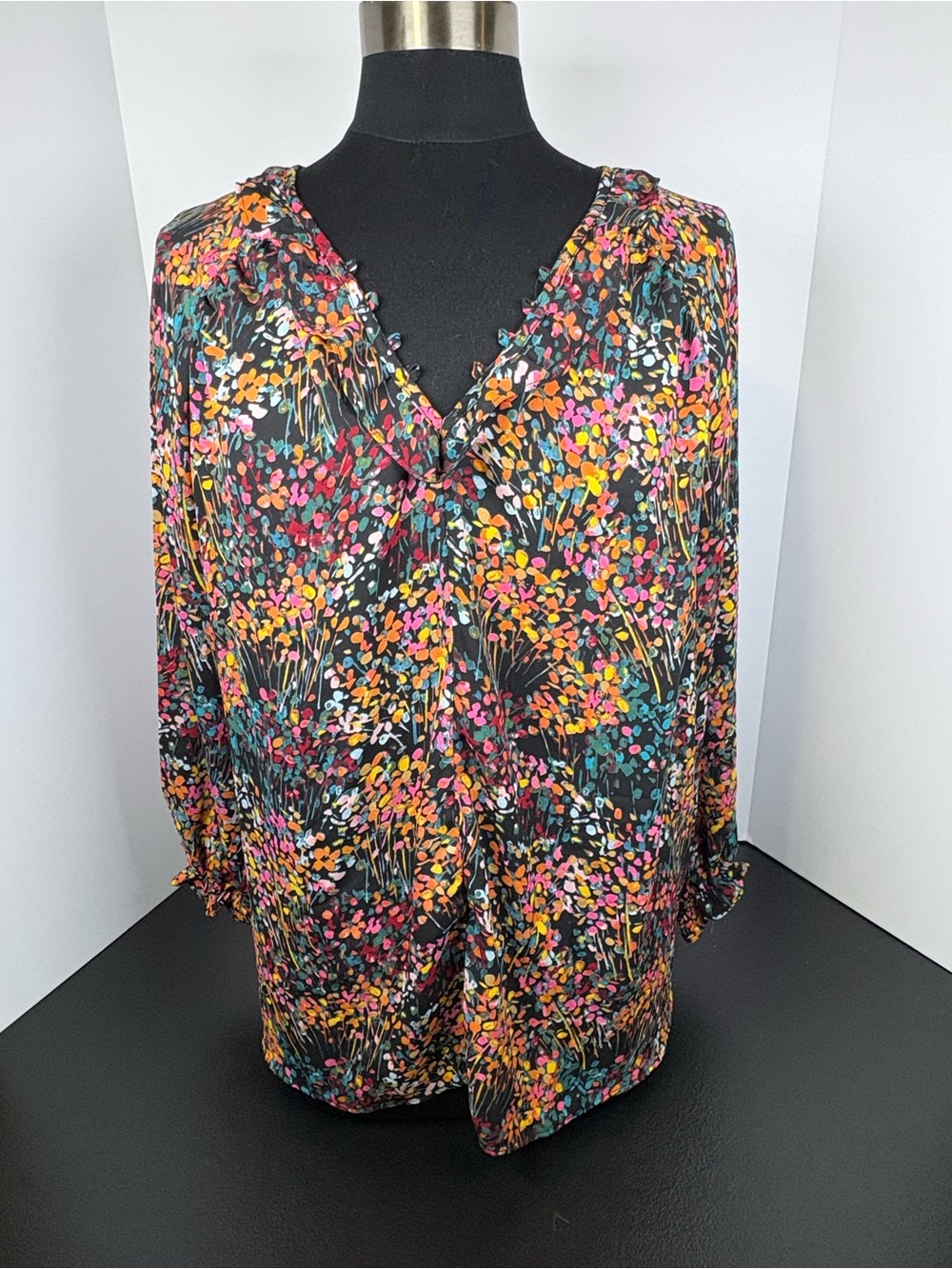 The Pioneer Woman Black Floral V-Neck Blouse with Multicolor Dots